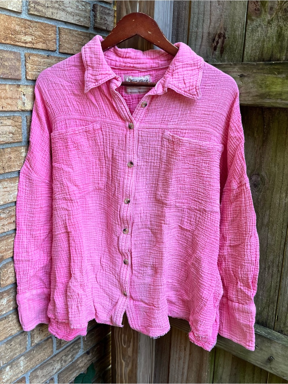 We The Free Pink Crinkle Button-Down Shirt